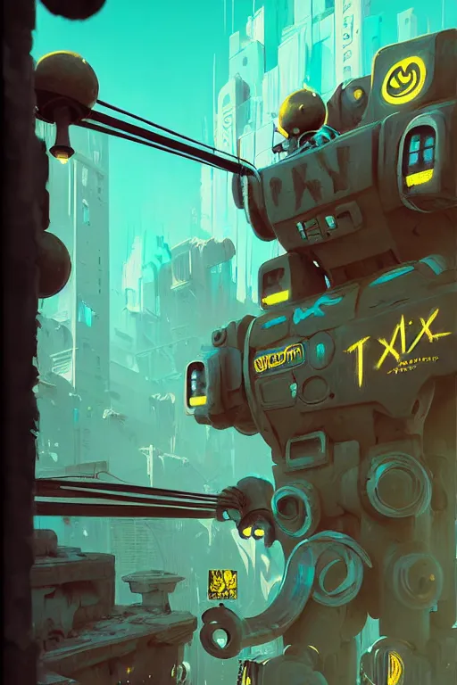 Image similar to matte painting of overgrowth extreme 3 d calligraphy graffiti tag mural maximalism robot by atey ghailan, by greg rutkowski, by greg tocchini, by james gilliard, by joe fenton, yellow, brown, black and cyan color scheme, octane render