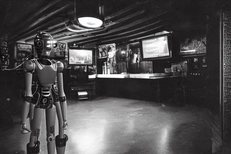 Prompt: robot staring at her reflection in a mirrored monolith, from 1977, in a tiki bar, volumetric lighting, surrounded by crt monitors, photograph, in the style of jack bridgeland