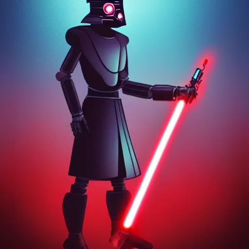 Image similar to robot character, red lightsaber, space, star wars, retrowave, vaporwave, black cloak, concept art, arstation, award winning art by