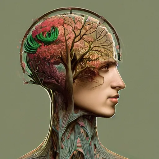 Prompt: A man with a tree growing out of the top of the head, art deco design, by Mandy Jurgens and Warhol, Ernst Haeckel, James Jean, artstation, concept art