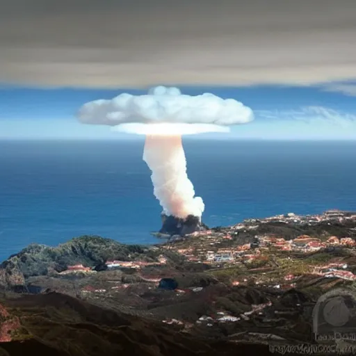 Image similar to madeira island nuked by a nuclear bomb, cloud shroom, cinematic shot, realistic, hdr, color, wide shot