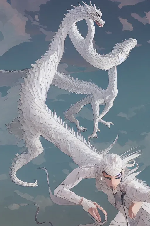 Image similar to vanishing point, white hair eva riding on the white dragon's neck ready to fight, by victo ngai and makoto shinkai, partner, global illumination, radiant light, minimalist, unreal engine 5, concept art ，, digital painting, artstation, smooth, sharp foccus, artstation hq