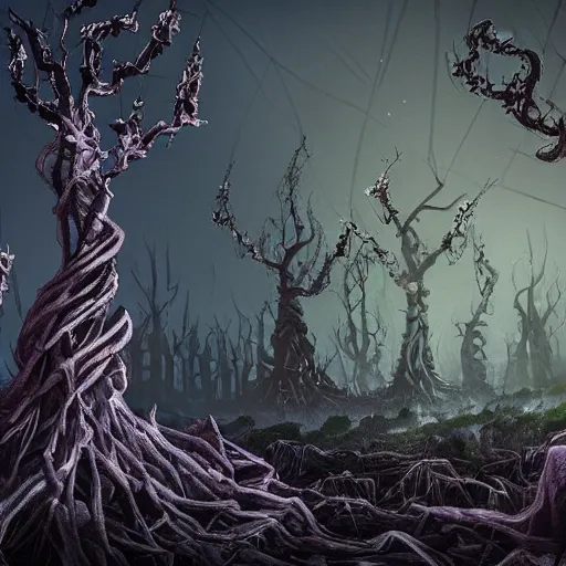 Prompt: a city with building made of twisted trees and thorny vines with glowing flowers, dark, moody, creepy, concept art