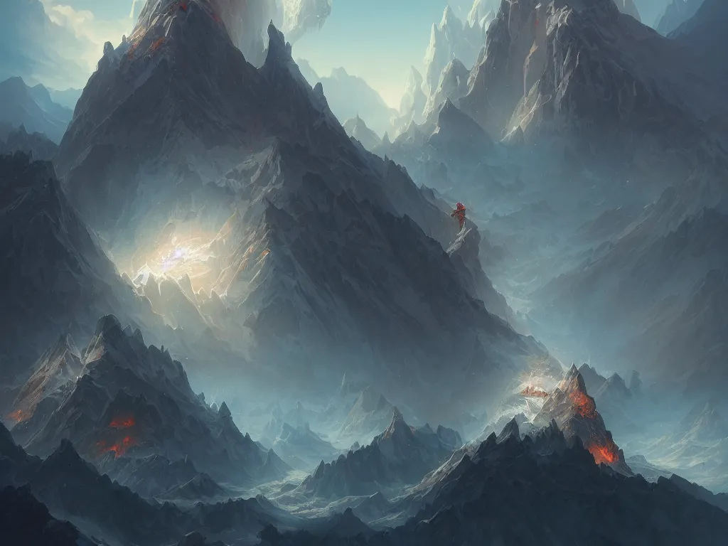 Image similar to mountain reaches into the sky, huge daragons breathing ice and fire by peter mohrbacher and dan mumford and nekro, cgsociety, volumetric light, 3 d render