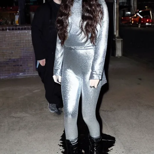 Prompt: lorde wearing goth makeup and a silver bodysuit with black platform boots