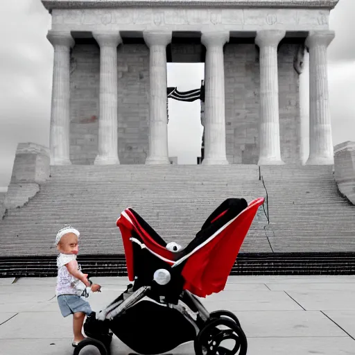 Prompt: highly detailed, award winning photograph of donald trump stealing candy from a baby in a stroller in front of the lincoln monument