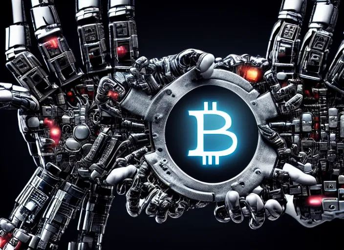 Image similar to mechanical terminator hand holding a bitcoin between two fingers. centered. horror cyberpunk dystopia style. highly detailed 8 k. intricate. nikon d 8 5 0 3 5 mm. award winning photography.