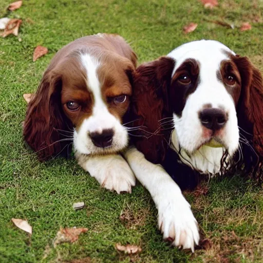 Image similar to a young springer spaniel dog with an old one