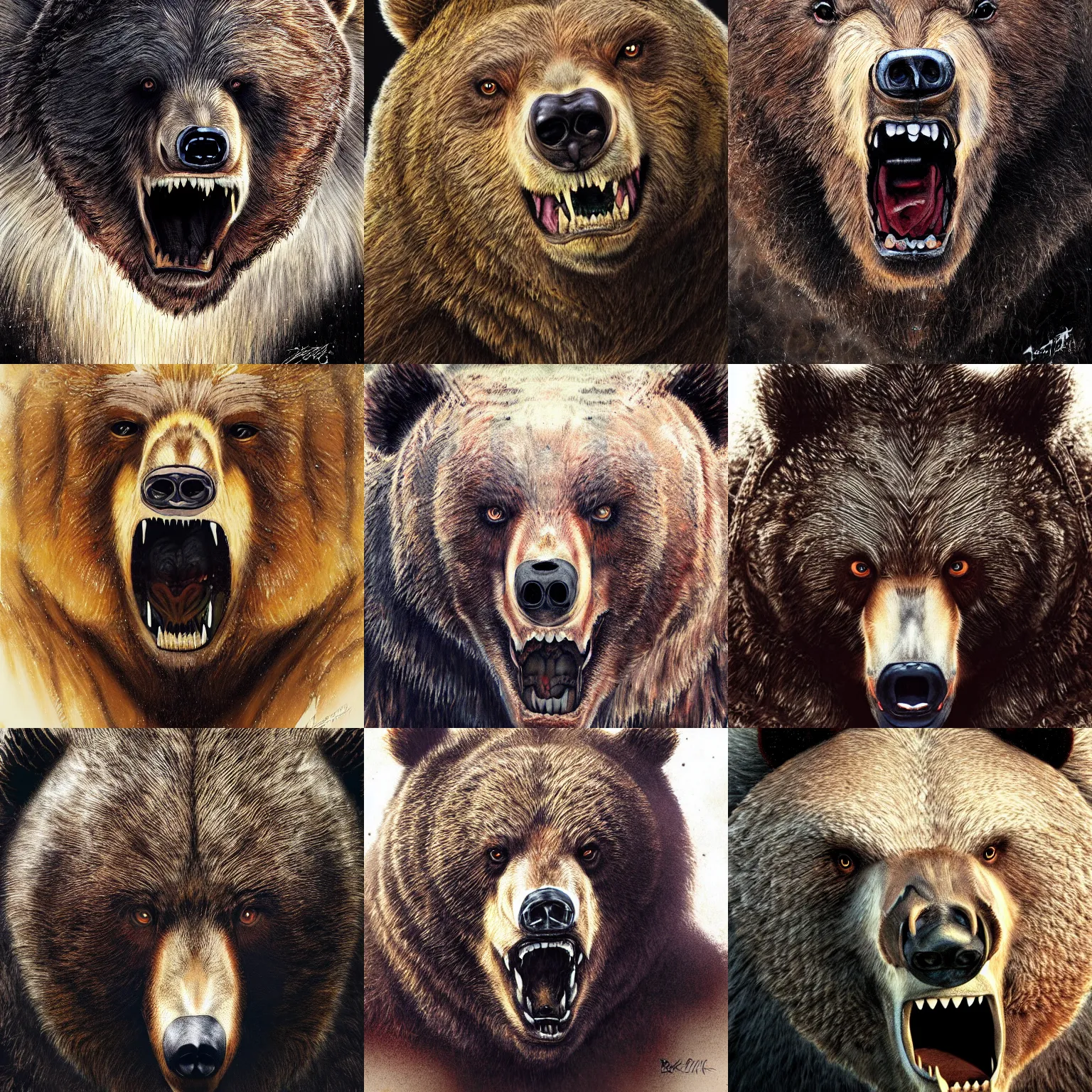 Prompt: portrait close - up of a growling angry bear, aleksi briclot, ruktowski