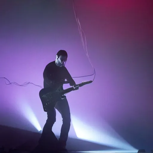 Prompt: Vivid Trent Reznor smashing guitars, group of people on stage playing instruments, elaborate stage effects, dust, smoke, giant LED screens, colored projections, ultrafine detail, cybersuit, glowing thin wires, smoke, high contrast, projections, holography, volumetric lighting