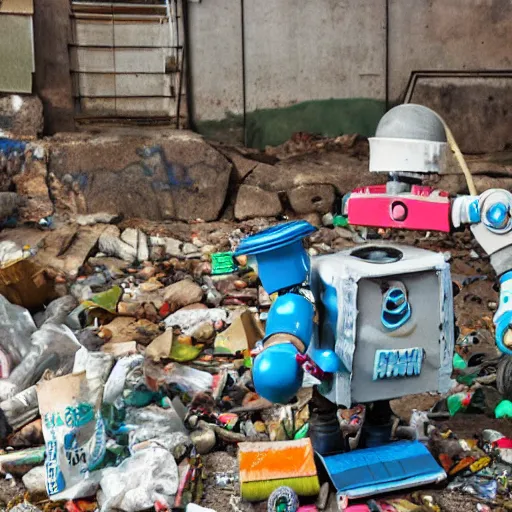 Image similar to a realistic photo of a latin american recycler making a robot with materials of the retro garbage left by people from their daily consumption, dystopic and utopic conceptual art