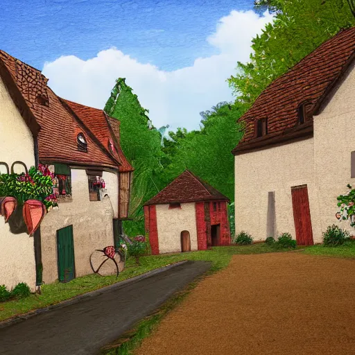 Image similar to digital art of a small village in medieval France in the style of Deiv Calviz, 4K