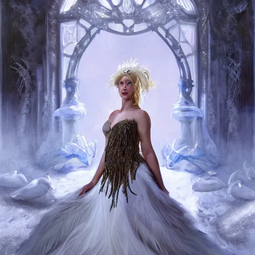 Prompt: hyperrealistic portrait of a woman as amber heard as the winter witch at her frost palace while enchanting a spell wearing white swan dress long feathers and sapphire jewellery by jeremy mann and alphonse mucha, fantasy art, photo realistic, dynamic lighting, artstation, poster, volumetric lighting, very detailed faces, 4 k, award winning