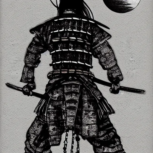 Image similar to A PORTRAIT FROM BEHIND OF A SAMURAI MAN VAGABOND WITH A MOON BEHIND HIM ,THE SAMURAI IS WRAPPED IN CHAINS ,detailed, concept art, ink style , sketch