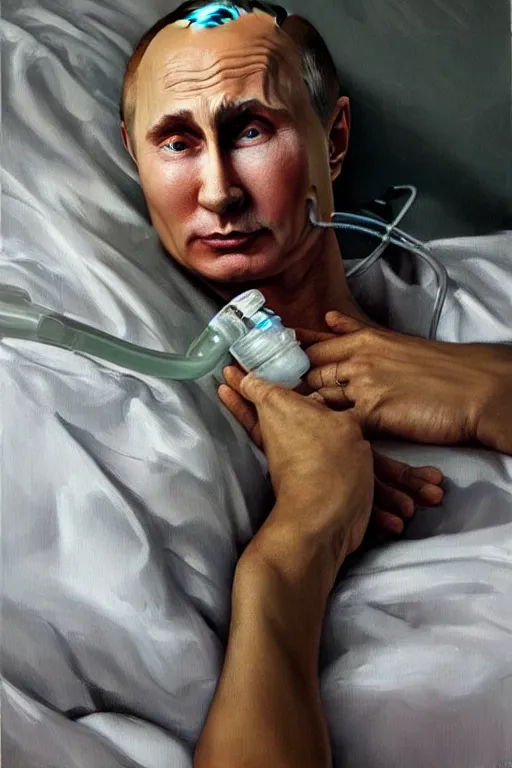 Image similar to a super very hyperrealistic oil painting of ill Vladimir Putin as a patient wearing an oxygen mask on a death bed inhaling from Copium tank that stand near his bed, visible face, fantasy, intricate, elegant, highly detailed, digital painting, artstation, concept art, smooth, sharp focus, illustration and alphonse mucha