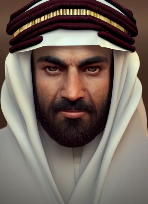 Image similar to portrait of sheikh mohammad ruler of dubai, drak fantasy goblin, trending in artstation, cinematic lighting, studio quality, smooth render, unreal engine 5 rendered, octane rendered, art style by klimt and nixeu and ian sprigger and wlop and krenz cushart.