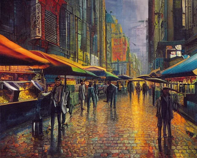 Image similar to street with food stands in a cyberpunk city on a rainy melancholy night by salvadore dali