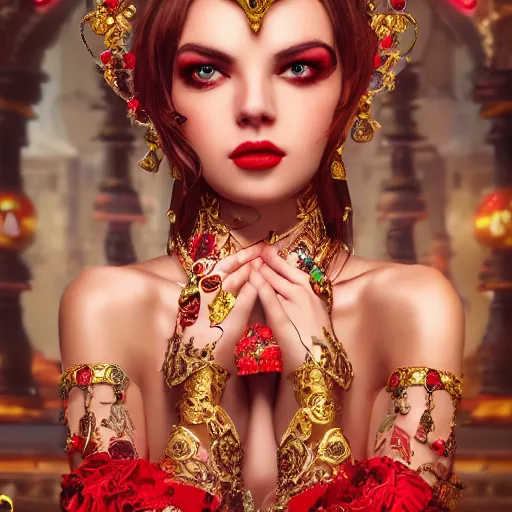 Image similar to wonderful princess with smooth fair skin, alluring eyes, red jewelry, breathtaking, elegant, intricate, ornate backdrop, hyper detailed, accent lighting, 4 k glamour photography, octane render