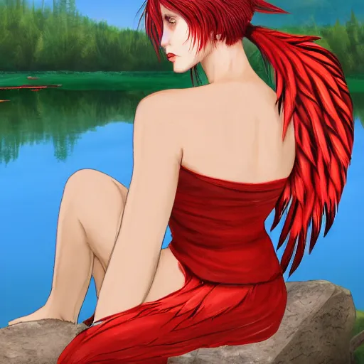 Image similar to Harpy, young woman, red feathered wings, wearing Inka clothes, sad expression, sitting at a pond, mountainous area, trees in the background, trending on artstation