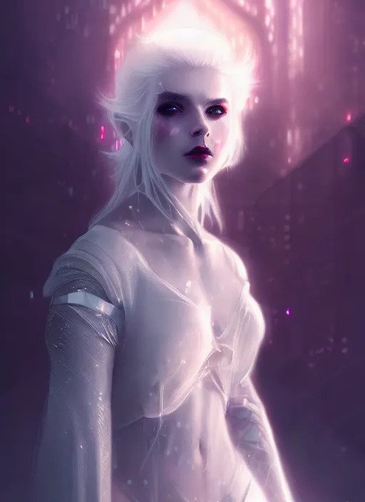 Prompt: a beautiful white haired princess, intricate concept art, ethereal, ominous, dramatic lighting, cyberpunk darksynth, 8 k, by zeronis and wlop
