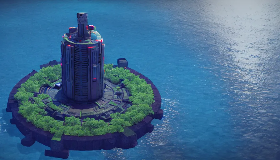 Prompt: a island in the middle of the ocean with a large cyberpunk tower on it, octane, redshift, volumetric lighting, reflections