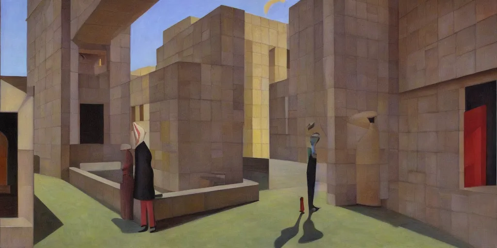 Image similar to brutalist architecture, fantastical courtyard, grant wood, pj crook, edward hopper, oil on canvas