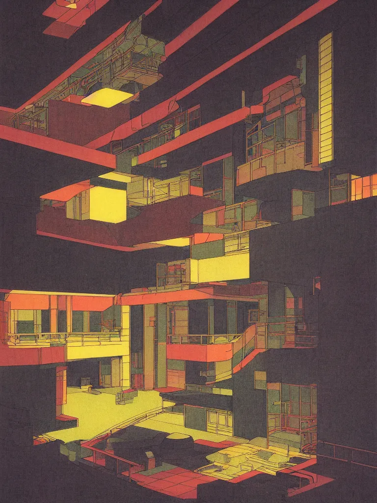 Image similar to a psychedelic hallucination of a brutalist hotel in the atmosphere clouds of venus, by kawase hasui, moebius, edward hopper, colorful flat surreal design, dramatic lighting, hd, 8 k, artstation