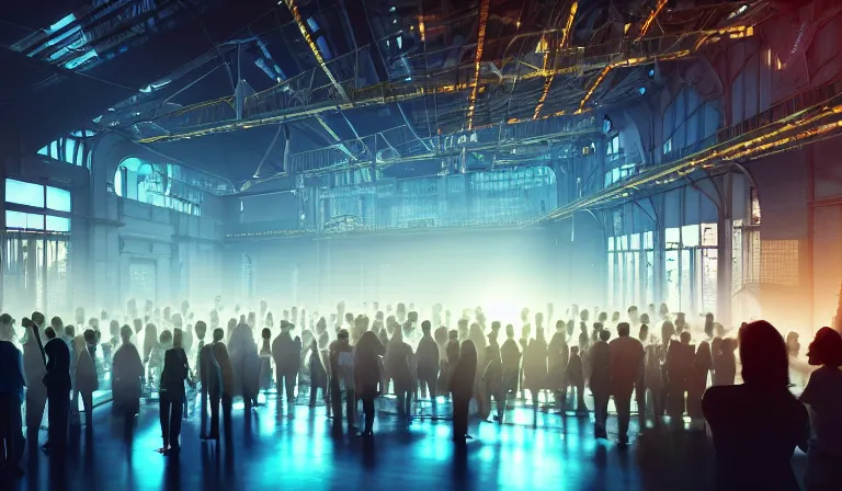 Image similar to crowd in simple warehouse, looking at hologram of futuristic city on a table, cinematic concept art, godrays, golden hour, natural sunlight, 4 k, clear details, tabletop model buildings, center model buildings, hologram center, crane shot, crane shot, crane shot