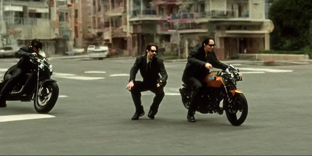 Image similar to beautiful hyperrealism three point perspective film still of Keanu Reeves as neo aiming two uzi at agent smith in a nice oceanfront promenade motorcycle chase scene in Matrix meets tintin(1990) extreme closeup portrait in style of 1990s frontiers in translucent porclein miniature street photography seinen manga fashion edition,, tilt shift style scene background, soft lighting, Kodak Portra 400, cinematic style, telephoto by Emmanuel Lubezki