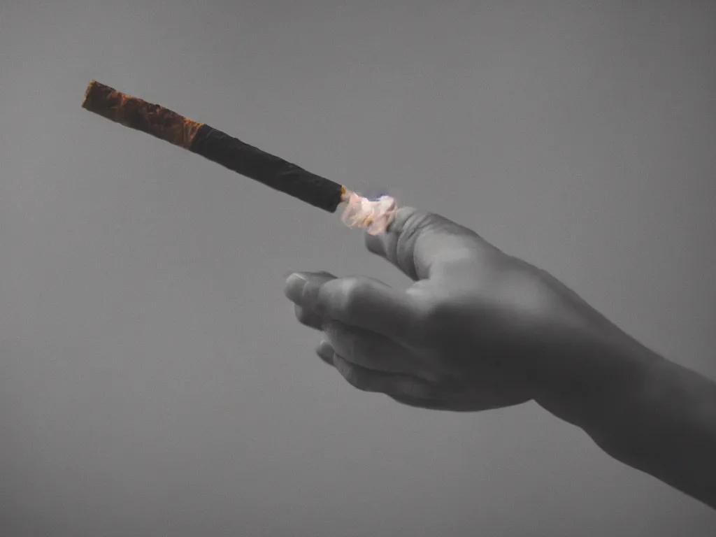 Prompt: Close-up view of thin soft hyperrealistic hand holding cigarette with smoke, hyper realistic photo, 4K