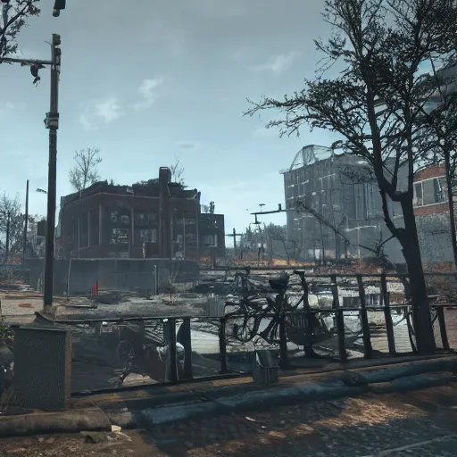 Image similar to De Dam in Amsterdam in ruins post-nuclear war in Fallout 4, in game screenshot