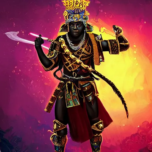 Prompt: a young black boy dressed like an african moorish warrior in gold armor and a crown with a ruby, posing with a very ornate glowing electric spear!!!!, in a thunderstorm, for honor character digital illustration portrait design, by android jones in a psychedelic fantasy style, dramatic lighting, hero pose, wide angle dynamic portrait