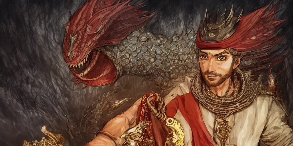 Prompt: sheikh mohammed ruler of dubai, medieval, human, village, berserk anime background, dragon rider, slimey, detailed features, concept art, pop art, illustration, smooth, sharp focus, intricate, 4 k