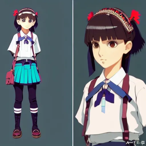 Image similar to a beautiful! boyish! natalie portman model, wearing catholic school girl outfit with mayan pattern and native style, jrpg aztec street fashion, gapmoe yandere grimdark, trending on pixiv fanbox, painted by greg rutkowski makoto shinkai takashi takeuchi studio ghibli, akihiko yoshida