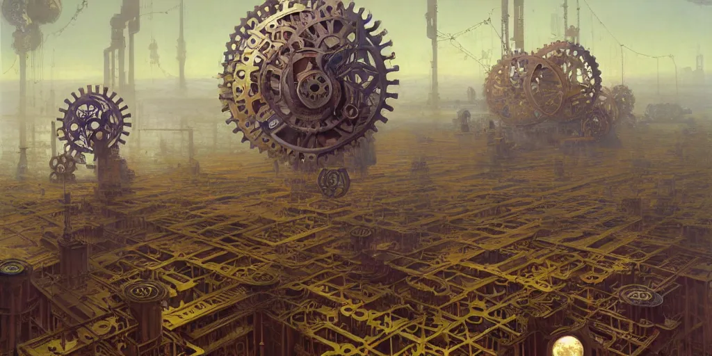 Prompt: giant interlocked cogs sprockets gears cogs, giant geometric mechanisms structures floating in space, industry, villages castles, buildings vista artstation illustration sharp focus vista painted by ruan jia raymond swanland lawrence alma tadema zdzislaw beksinski norman rockwell tom lovell alex malveda greg staples