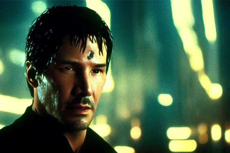 Prompt: film still neo keanu reeves in blade runner, 8 k