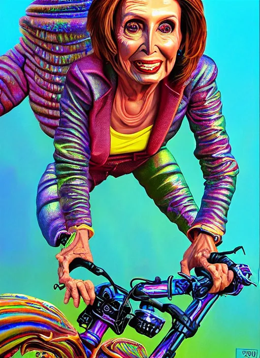 Prompt: nancy pelosi as an apocalyptic scifi goblinish iridescent mudskipper biker character, psychedelic vibrant colors, futuristic punk rock fashion, oil painting by michael whelan art, richard corben, perfect face, sharp focus, detailed eyes, realistic, 8 k