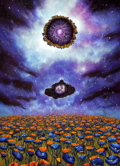 Image similar to detailed, intricate blue black and purple papaverum flower on the field, nebula, galaxy in the sky, winning award masterpiece, fantastically beautiful, illustration, aestheticly inspired, jacek yerka, upscale with anguissola sofonisba work, artstation, 8 k