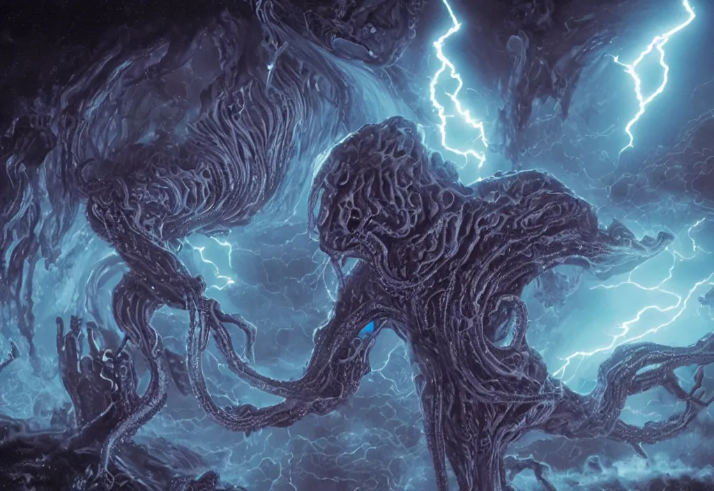 Image similar to eldritch lovecraftian monster. In Space. Realistic, cinematic lightning