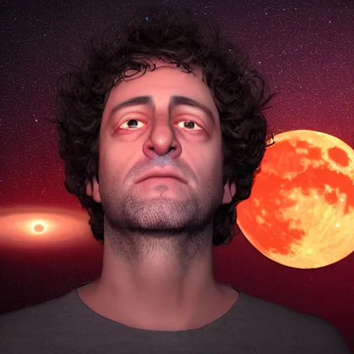 Image similar to gustavo cerati looking at the red moon in the universe, universe, stars, digital art, render unreal engine, highly detailed face, asymmetrical