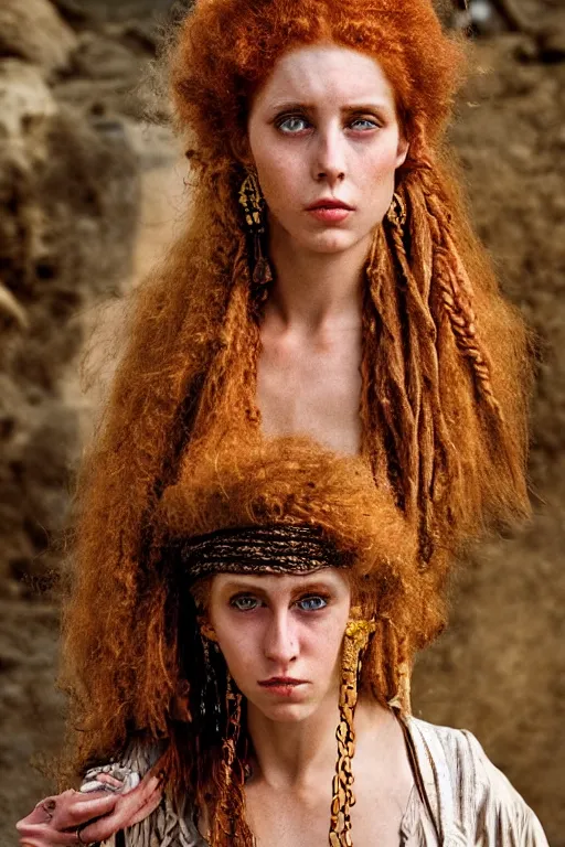 Image similar to 19th Century Barbary Coast pirate beautiful female model with amazing Ginger hair and Golden hooped earrings photography by Steve McCurry