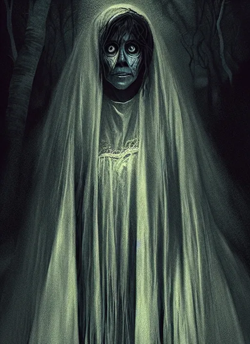 Image similar to portrait of la llorona from the curse of la llorona, desaturated colors, horror lighting, digital art, winning award masterpiece, fantastically eerie, illustration, upscale with simon stalenhag work, trending on artstation, art by wlop and alex ross