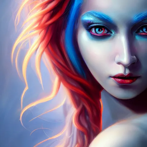 Prompt: perfectly - centered close - up face - portrait of a goddess with glowing red eyes and long blue hair and horns on her head, the perfect human female specimen, intricate, elegant, super highly detailed, professional digital painting, artstation, concept art, smooth, sharp focus, no blur, no dof, extreme illustration, unreal engine 5, 8 k, by anne stokes