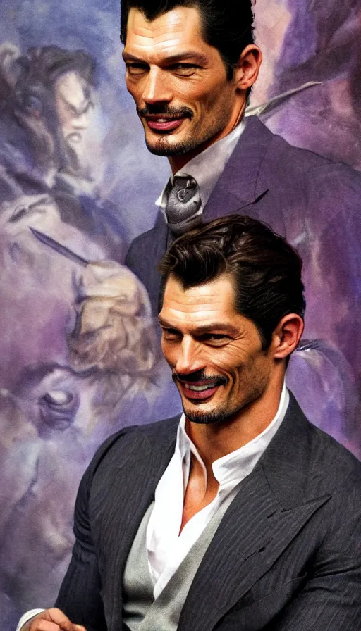 Image similar to david gandy, charming, in a town hall, rich viscount, laughing, fit, cunning, gold and purple, warhammer, lord of the rings, sweaty, intricate, highly detailed, digital painting, artstation, concept art, smooth, sharp focus, illustration, unreal engine 5, 8 k, art by artgerm and greg rutkowski and alphonse mucha