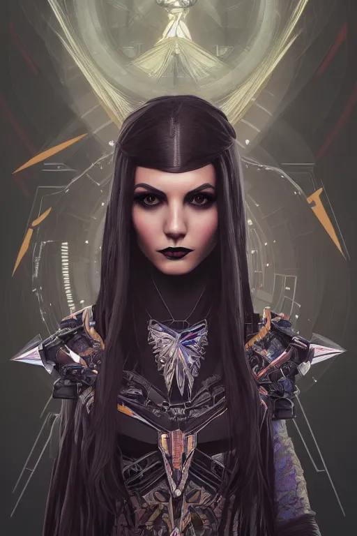 Image similar to symmetry!! portrait of victoria justice goth in the style of horizon zero dawn, machine face, intricate, elegant, highly detailed, digital painting, artstation, concept art, smooth, sharp focus, illustration, art by artgerm and greg rutkowski and alphonse mucha, 8 k