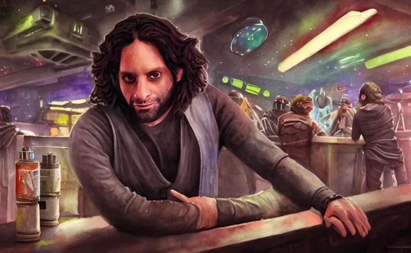 Image similar to an accurate realistic star wars watercolor fantasy concept art of a drug dealer that looks like chris d'elia looking crazy in a sleazy futuristic bar of coruscant, hq, 4 k