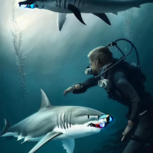 Image similar to a dream fantasy painting of ( white shark with blood teeth ) near a scuba diver, in the deep, trending on artstation, deviantart, matte painting by antonio j. manzanedo, greg rutkowski, holly bruce, jon kuo