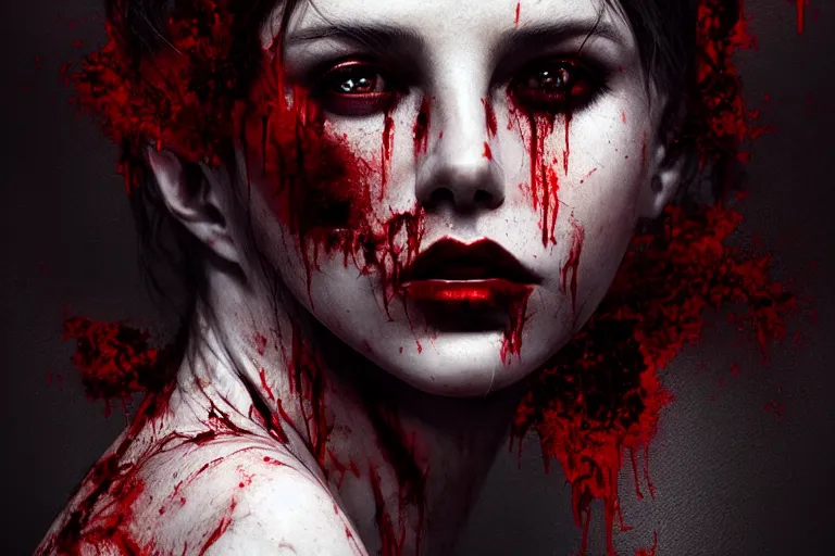 Image similar to surreal Half-body Portrait of beautiful seductive Dark demonic godeness of destruction and war covered in blood , elegant, highly detailed, smooth, photoreal, sharp focus, illustration, beautiful, geometric, dmt trending on artstation, cinematic, artwork by WLOP