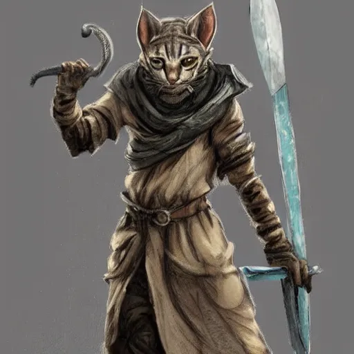 Prompt: dirty homeless khajiit with sword wearing rags, concept art, d & d, fantasy, trending on artstation