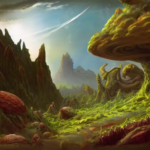 Image similar to An otherwordly, alien landscape with strange plants and creatures.